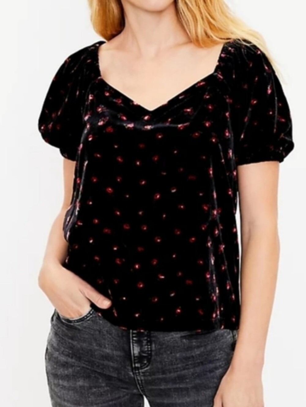 Loft Floral Puff Sleeve Velvet Top Womens Size LP Black Red Ditsy Roses Goth